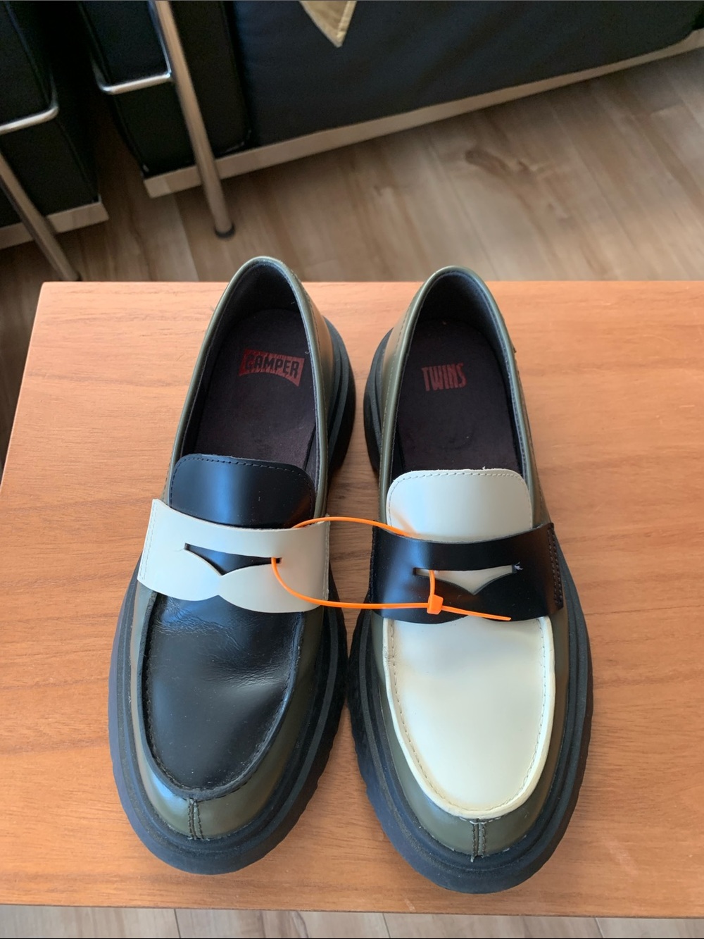 Camper Twins Two-Tone Black, Cream and Olive Green Loafers